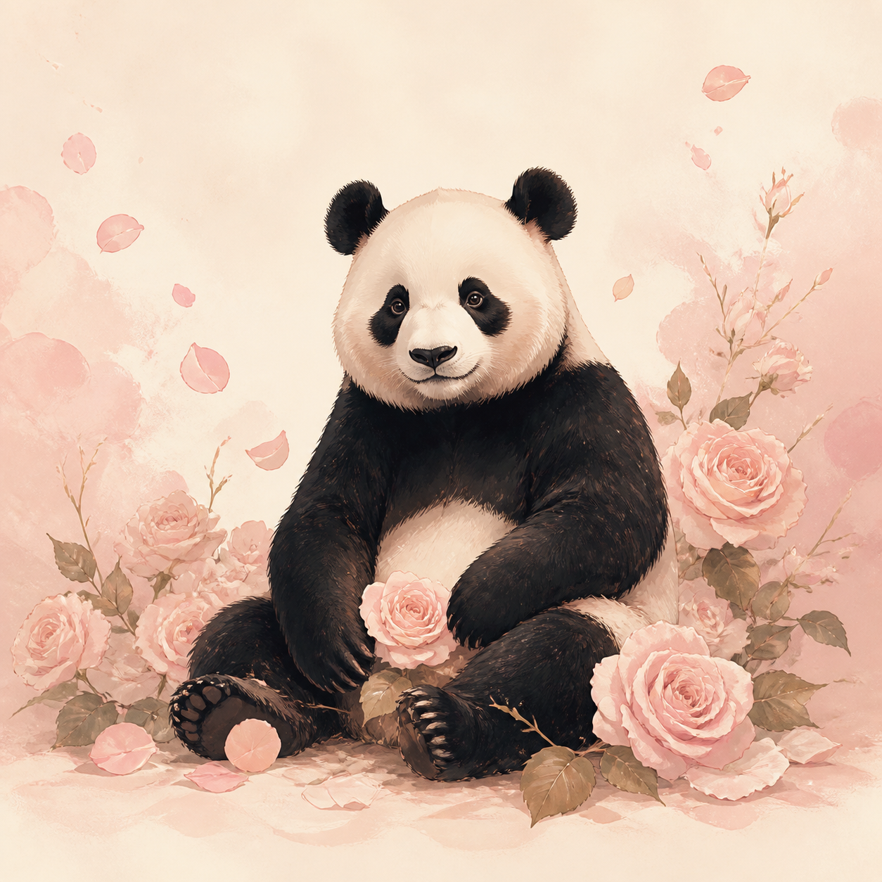 Oso panda entre rosas rosadas
